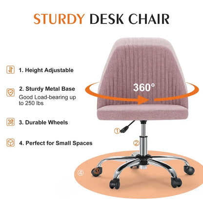 Armless Home Office Desk Chair with Wheels Adjustable Swivel Task Computer Vanity Chair for Small Spaces