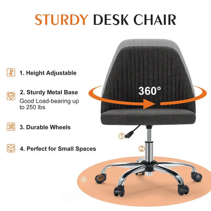Armless Home Office Desk Chair with Wheels Adjustable Swivel Task Computer Vanity Chair for Small Spaces