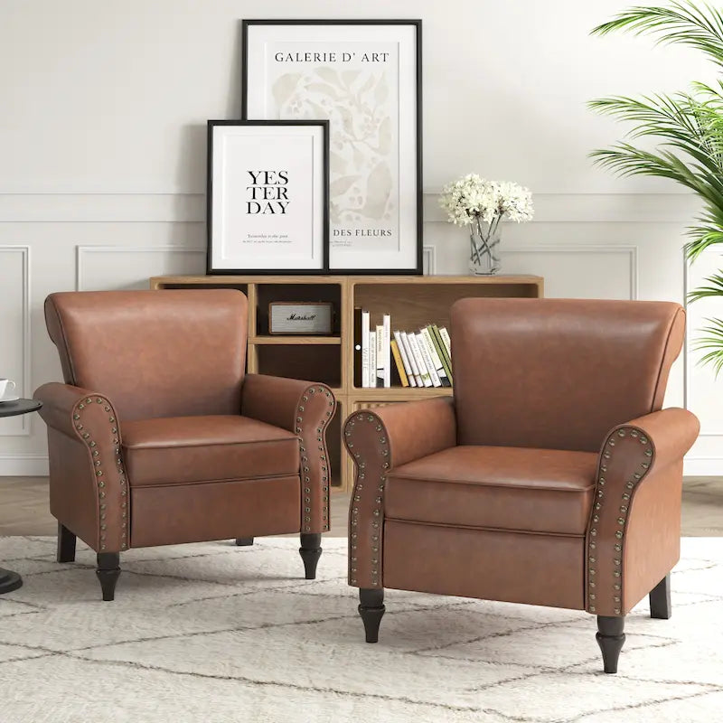 Rolled Armrests PU Accent Chair with Nailhead Trim (Set of 2)