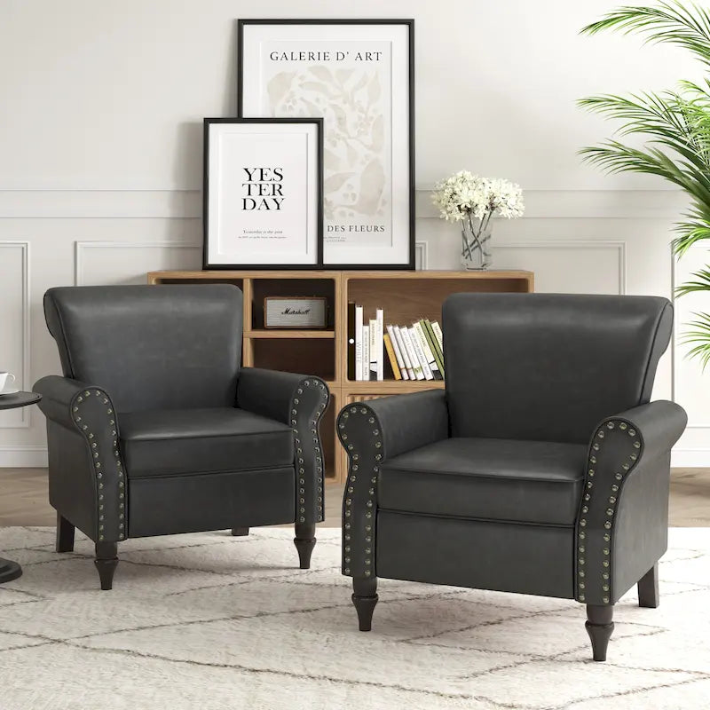 Rolled Armrests PU Accent Chair with Nailhead Trim (Set of 2)