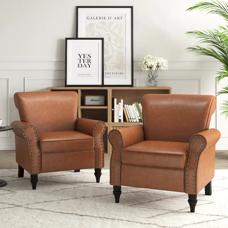 Rolled Armrests PU Accent Chair with Nailhead Trim (Set of 2)