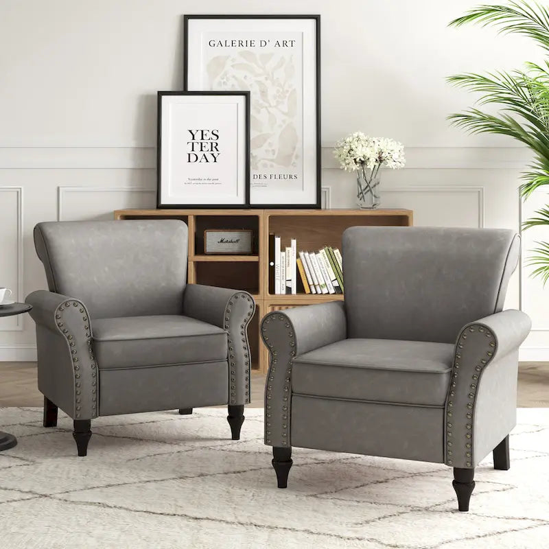 Rolled Armrests PU Accent Chair with Nailhead Trim (Set of 2)