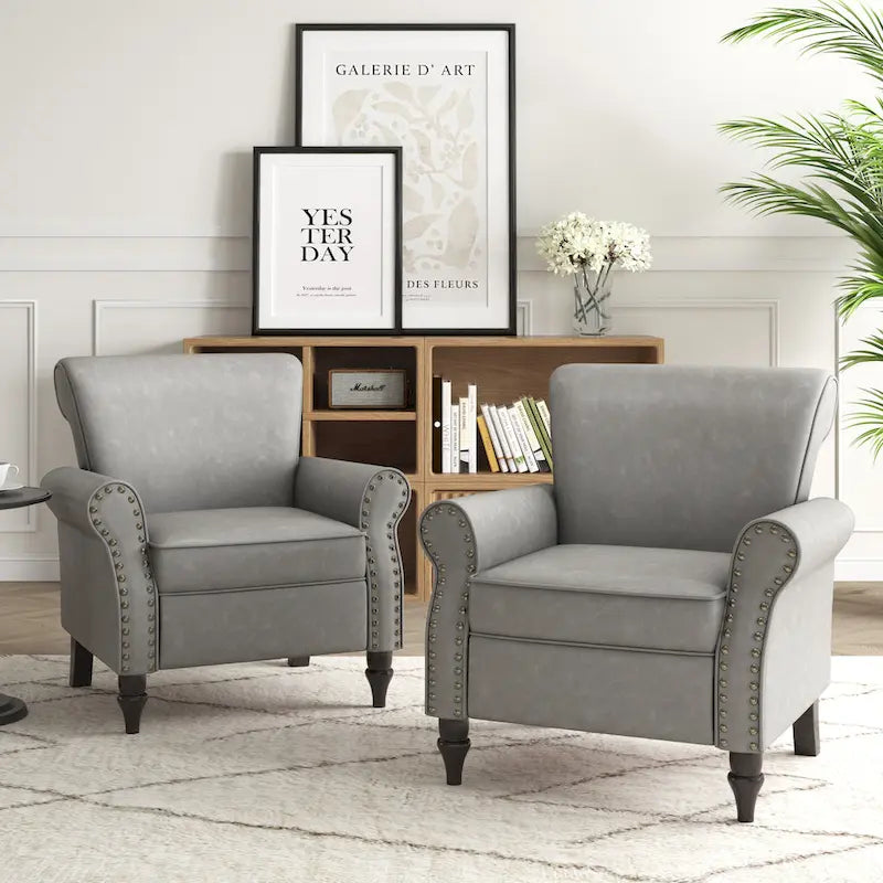 Rolled Armrests PU Accent Chair with Nailhead Trim (Set of 2)