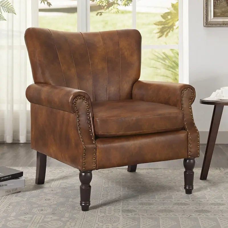 COZYMAN Modern Solid Wood Armchair Upholstered Fabric/Faux Leather Accent Chair for Living Room