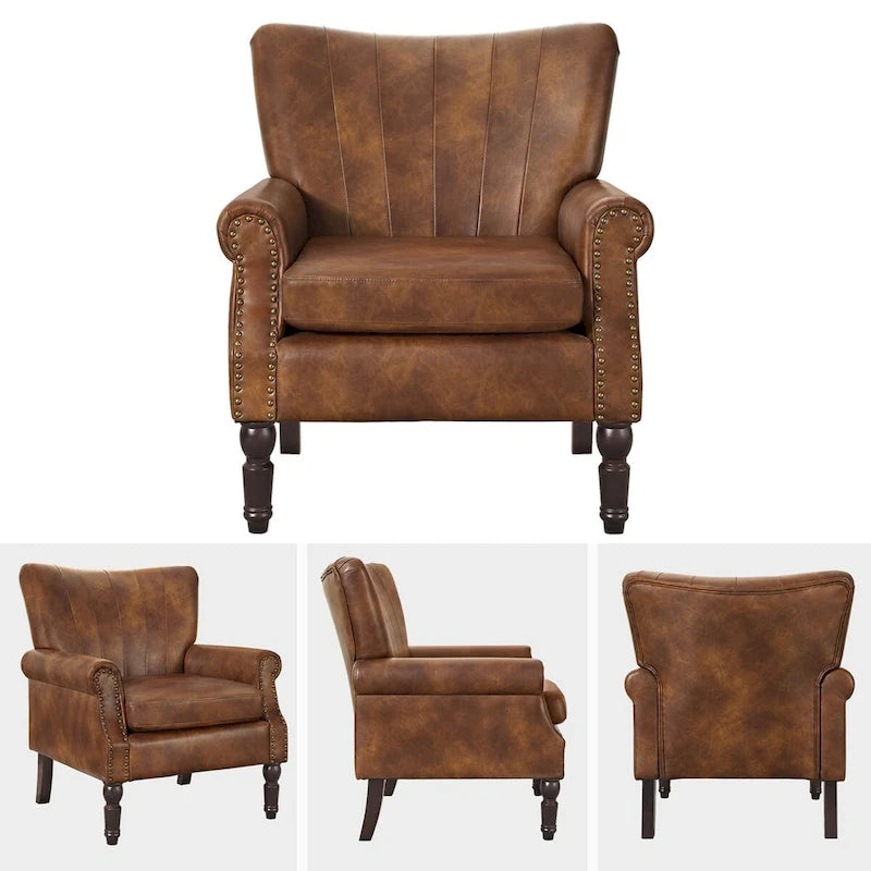 COZYMAN Modern Solid Wood Armchair Upholstered Fabric/Faux Leather Accent Chair for Living Room