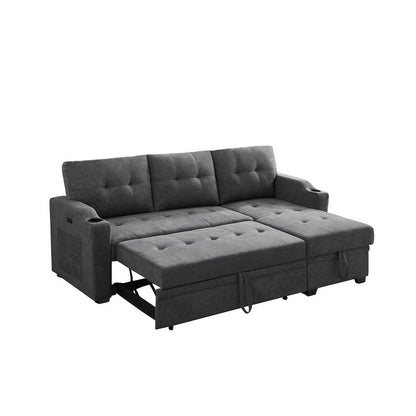 L-Shaped Dark Gray Woven Fabric Sleeper Sofa with Cup Holders, USB Charging Ports, and Pockets