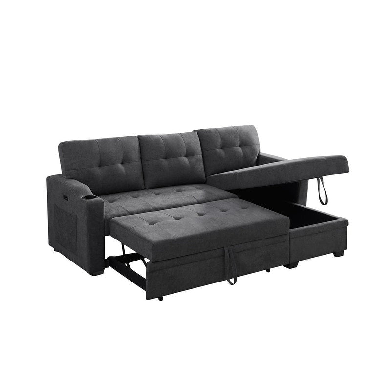 L-Shaped Dark Gray Woven Fabric Sleeper Sofa with Cup Holders, USB Charging Ports, and Pockets
