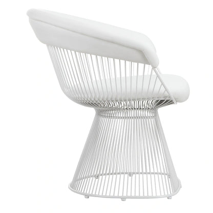 Coll 33 Inch Accent Chair, Slatted Metal Curved Back, White Faux Leather
