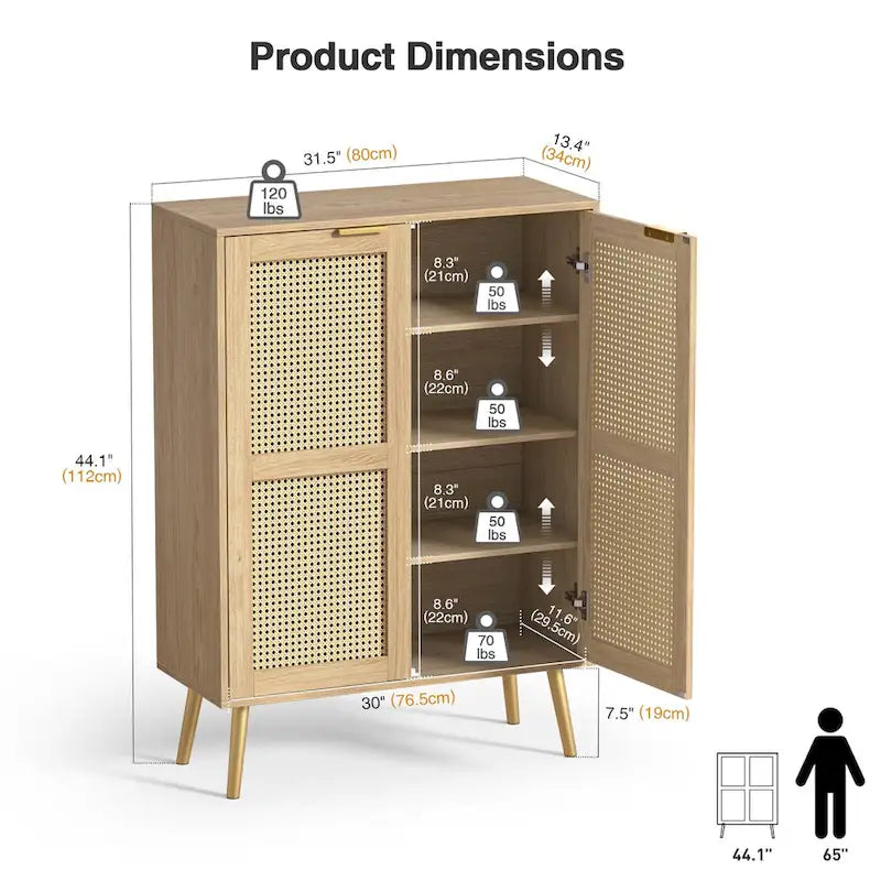 16 Pairs Rattan Shoe Storage Cabinet Freestanding Shoe Rack Organizer for Entryway