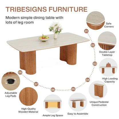 78.7 Rectangle Dining Table, Luxury Sintered Stone Kitchen Table with Solid Wood Legs