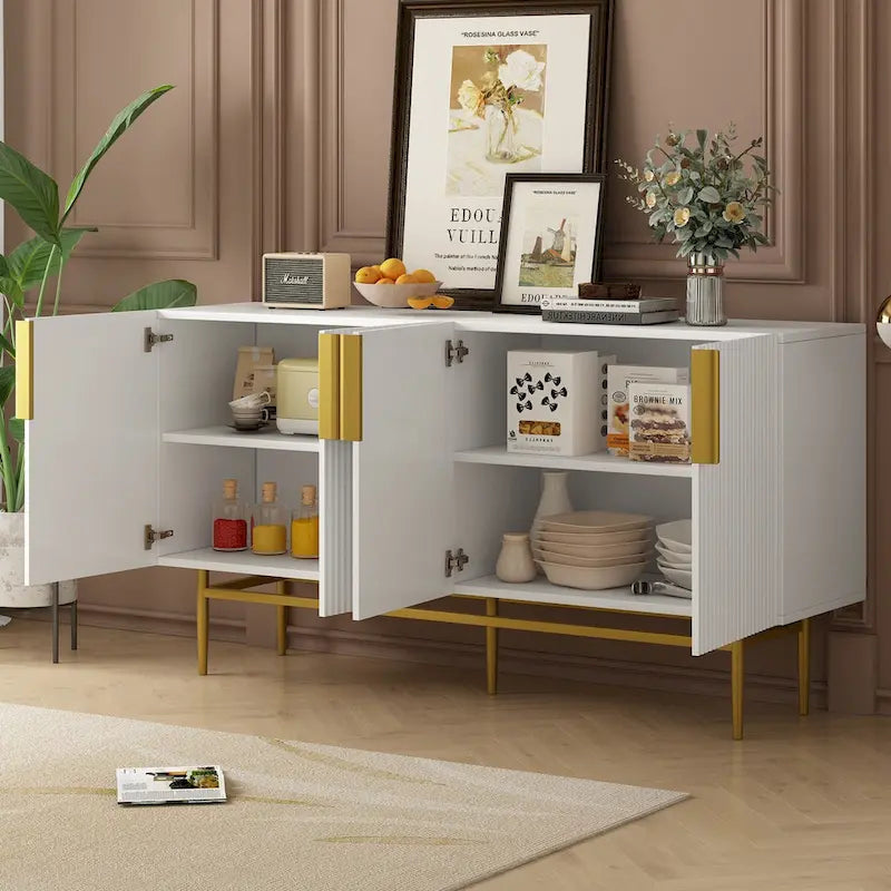 4-door Sideboard Buffet Cabinet with Gold Metal Handle - 60L x 15.2W x 31.5H