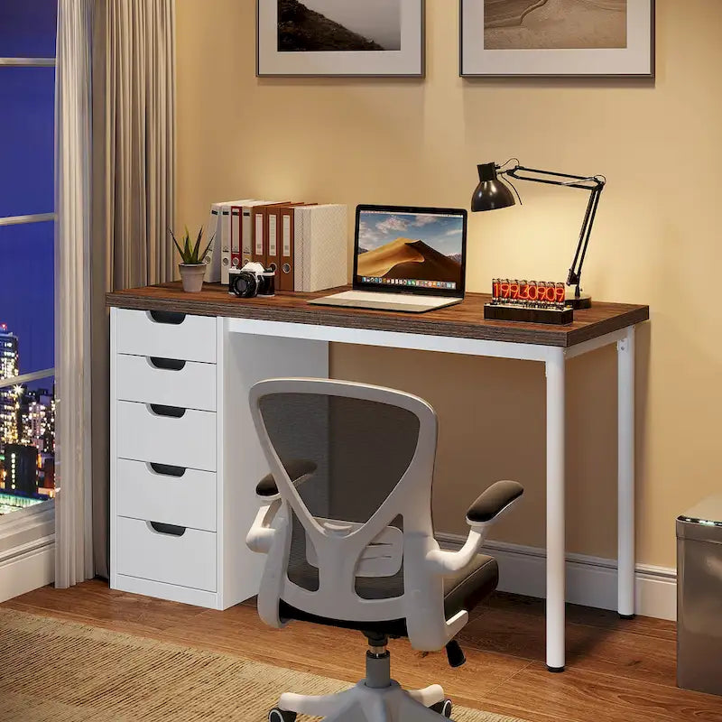 47 inch Computer Wood Desk Office Desks with 5-Drawer, Writing Desk with Metal Frame for Bedroom Study
