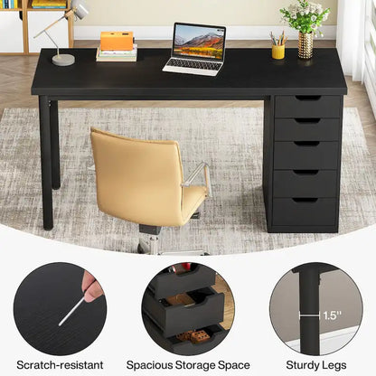 47 inch Computer Wood Desk Office Desks with 5-Drawer, Writing Desk with Metal Frame for Bedroom Study