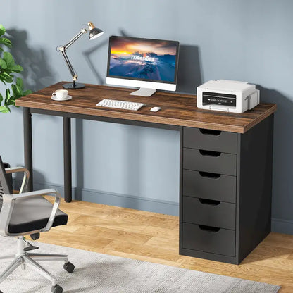 47 inch Computer Wood Desk Office Desks with 5-Drawer, Writing Desk with Metal Frame for Bedroom Study