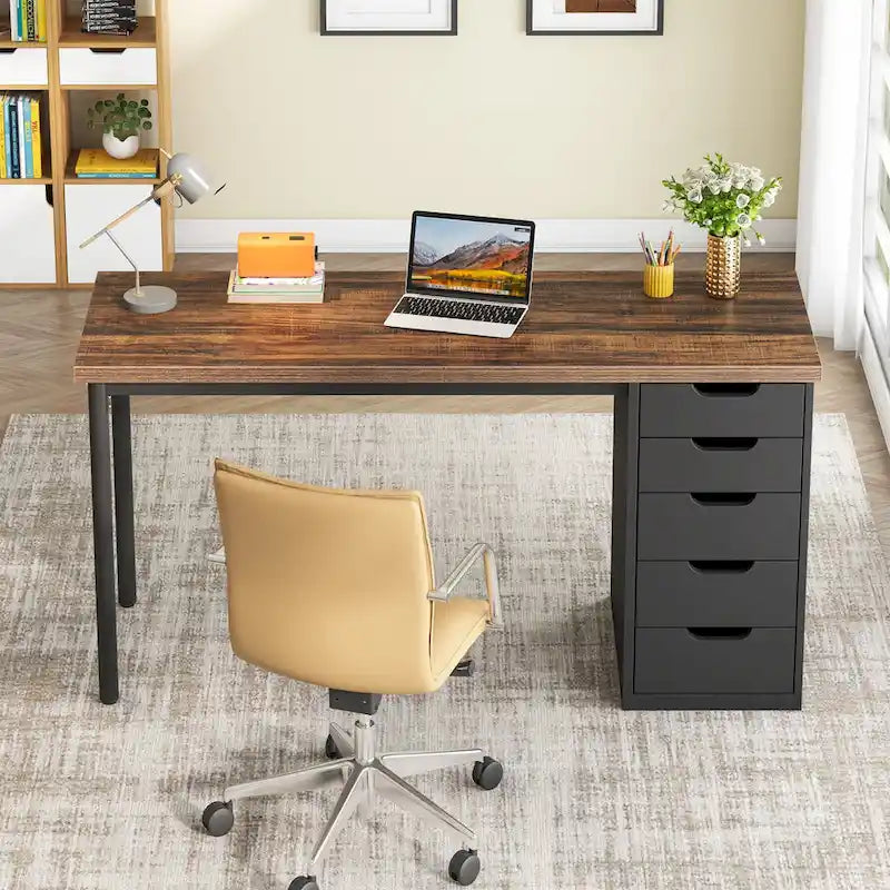 47 inch Computer Wood Desk Office Desks with 5-Drawer, Writing Desk with Metal Frame for Bedroom Study