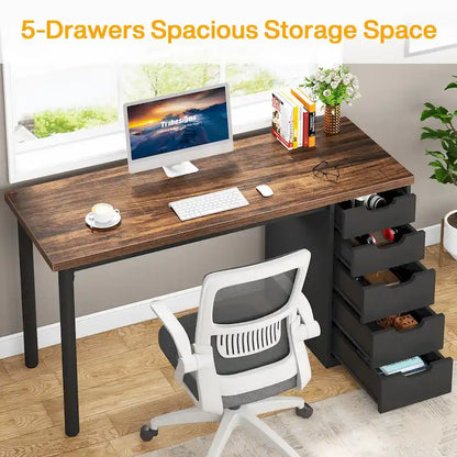 47 inch Computer Wood Desk Office Desks with 5-Drawer, Writing Desk with Metal Frame for Bedroom Study
