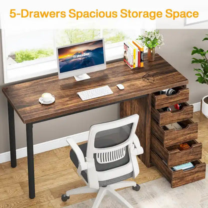 47 inch Computer Wood Desk Office Desks with 5-Drawer, Writing Desk with Metal Frame for Bedroom Study