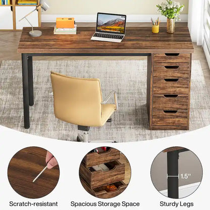 47 inch Computer Wood Desk Office Desks with 5-Drawer, Writing Desk with Metal Frame for Bedroom Study