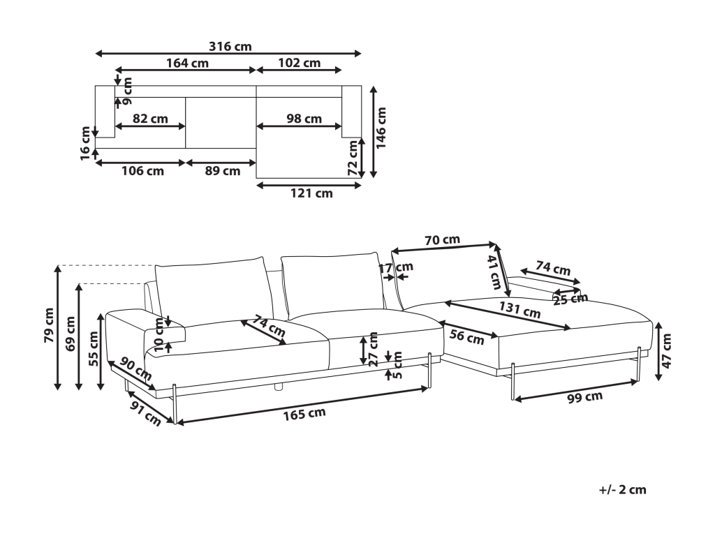 Minimalist 3-Seater Right-Hand Corner Sofa in Beige Fabric with Metal Legs