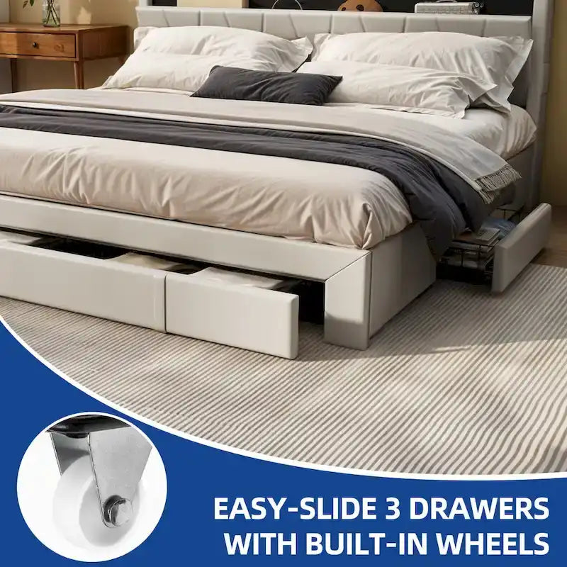 Moasis Queen Storage Upholstered Headboard Bed Frame