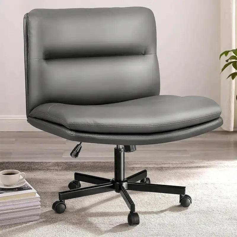 Bossin Criss Cross Chair with Wheels,PU Leather Armless Cross Legged Office chair, Adjustable Wide Seat Task Vanity Chair