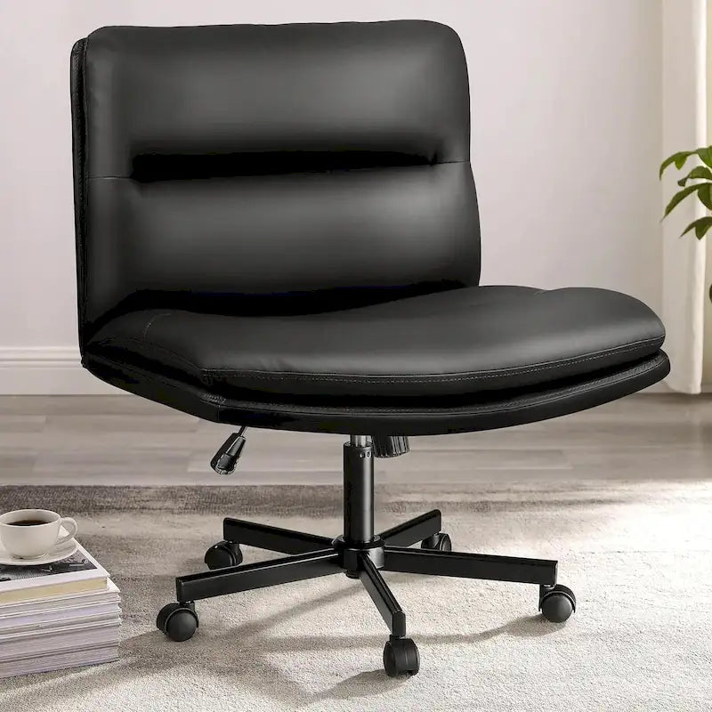 Bossin Criss Cross Chair with Wheels,PU Leather Armless Cross Legged Office chair, Adjustable Wide Seat Task Vanity Chair