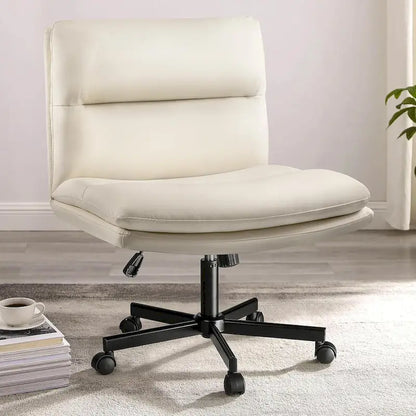 Bossin Criss Cross Chair with Wheels,PU Leather Armless Cross Legged Office chair, Adjustable Wide Seat Task Vanity Chair