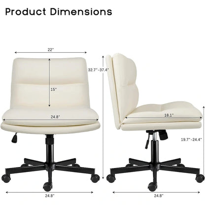 Bossin Criss Cross Chair with Wheels,PU Leather Armless Cross Legged Office chair, Adjustable Wide Seat Task Vanity Chair