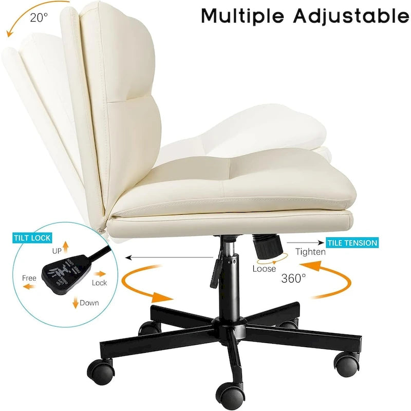 Bossin Criss Cross Chair with Wheels,PU Leather Armless Cross Legged Office chair, Adjustable Wide Seat Task Vanity Chair