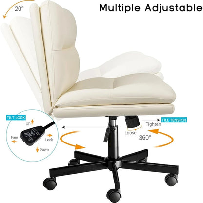 Bossin Criss Cross Chair with Wheels,PU Leather Armless Cross Legged Office chair, Adjustable Wide Seat Task Vanity Chair