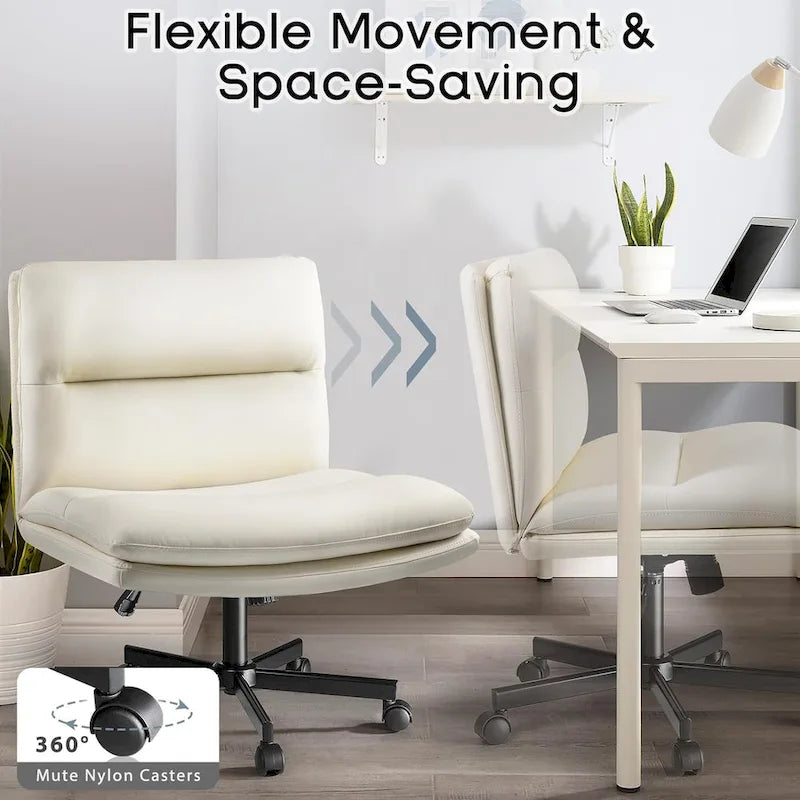 Bossin Criss Cross Chair with Wheels,PU Leather Armless Cross Legged Office chair, Adjustable Wide Seat Task Vanity Chair