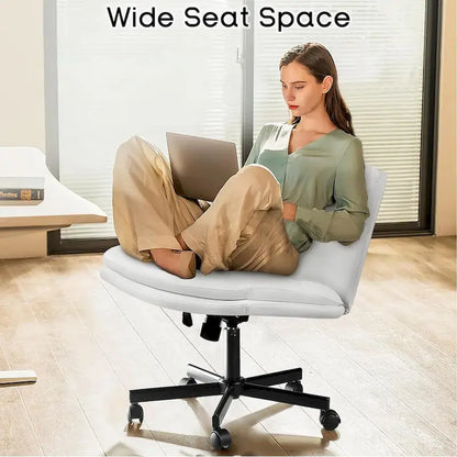 Bossin Criss Cross Chair with Wheels,PU Leather Armless Cross Legged Office chair, Adjustable Wide Seat Task Vanity Chair