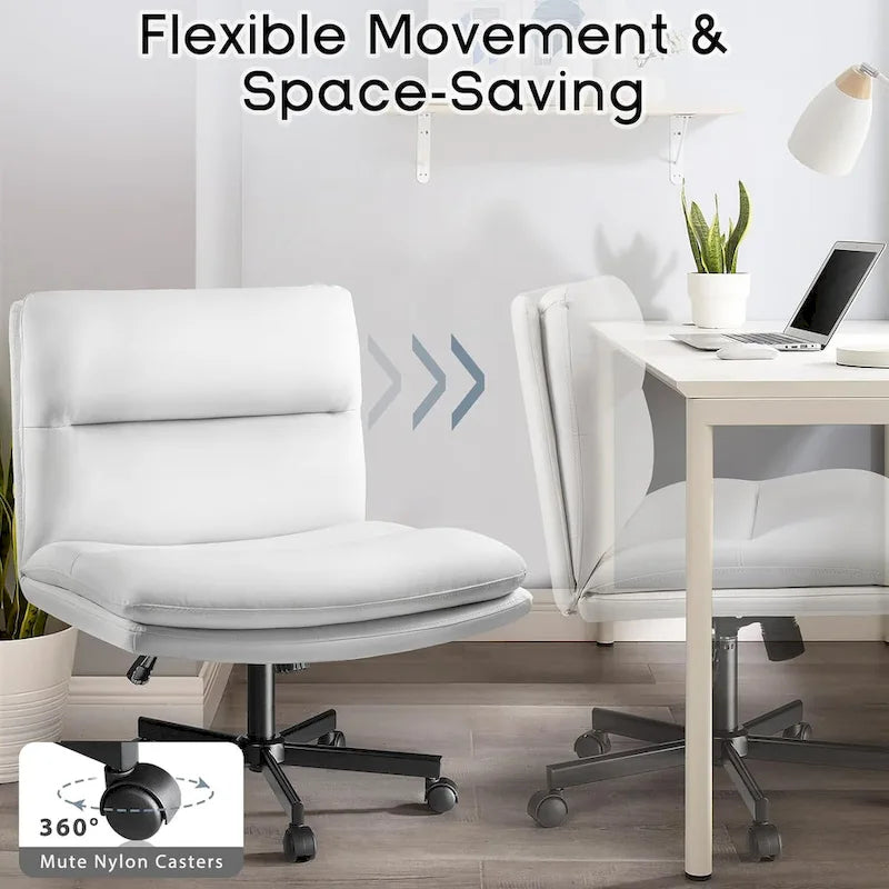 Bossin Criss Cross Chair with Wheels,PU Leather Armless Cross Legged Office chair, Adjustable Wide Seat Task Vanity Chair