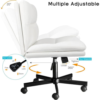 Bossin Criss Cross Chair with Wheels,PU Leather Armless Cross Legged Office chair, Adjustable Wide Seat Task Vanity Chair