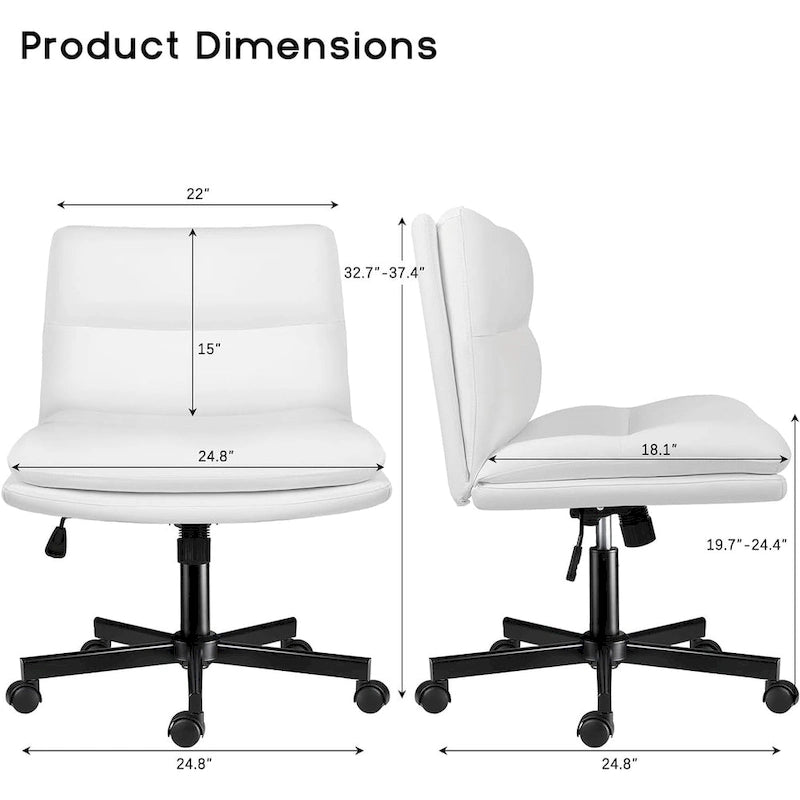 Bossin Criss Cross Chair with Wheels,PU Leather Armless Cross Legged Office chair, Adjustable Wide Seat Task Vanity Chair