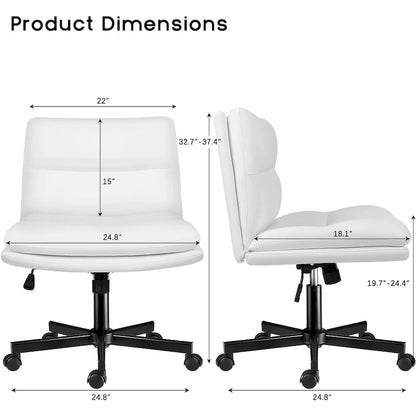 Bossin Criss Cross Chair with Wheels,PU Leather Armless Cross Legged Office chair, Adjustable Wide Seat Task Vanity Chair