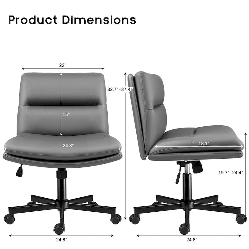 Bossin Criss Cross Chair with Wheels,PU Leather Armless Cross Legged Office chair, Adjustable Wide Seat Task Vanity Chair
