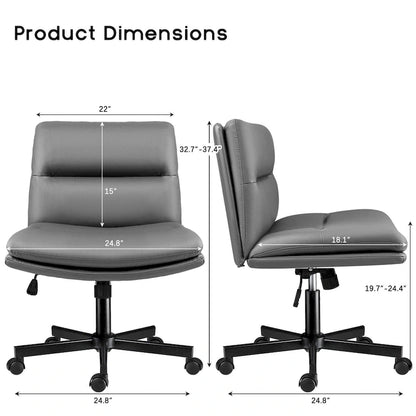 Bossin Criss Cross Chair with Wheels,PU Leather Armless Cross Legged Office chair, Adjustable Wide Seat Task Vanity Chair