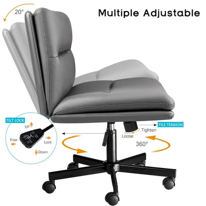 Bossin Criss Cross Chair with Wheels,PU Leather Armless Cross Legged Office chair, Adjustable Wide Seat Task Vanity Chair