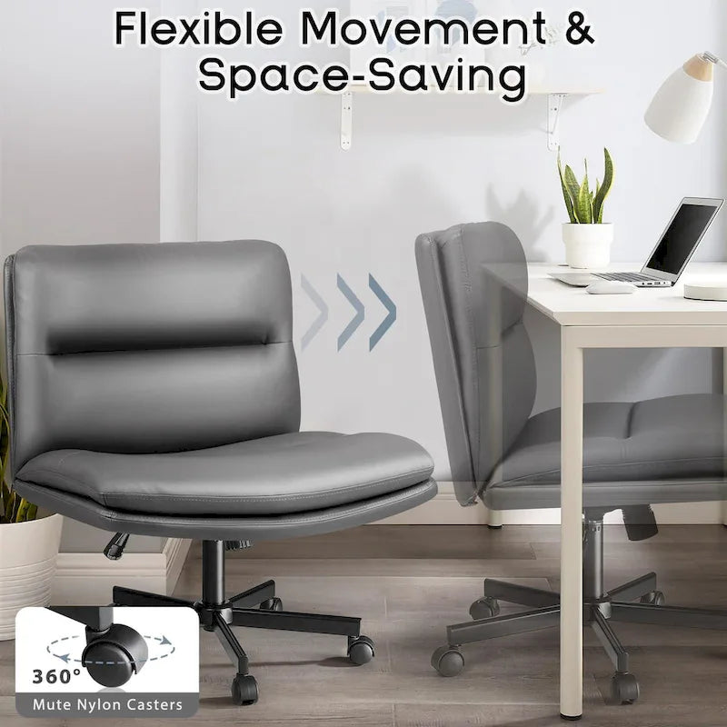 Bossin Criss Cross Chair with Wheels,PU Leather Armless Cross Legged Office chair, Adjustable Wide Seat Task Vanity Chair