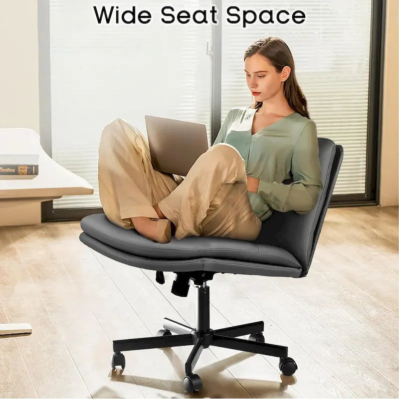 Bossin Criss Cross Chair with Wheels,PU Leather Armless Cross Legged Office chair, Adjustable Wide Seat Task Vanity Chair