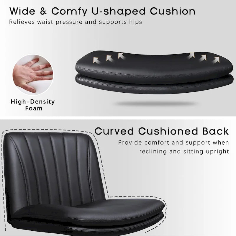 Bossin Criss Cross Chair with Wheels,PU Leather Armless Cross Legged Office chair, Adjustable Wide Seat Task Vanity Chair