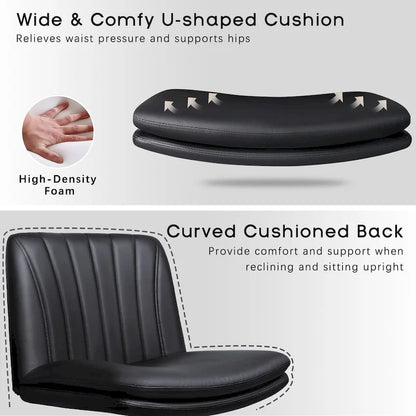 Bossin Criss Cross Chair with Wheels,PU Leather Armless Cross Legged Office chair, Adjustable Wide Seat Task Vanity Chair