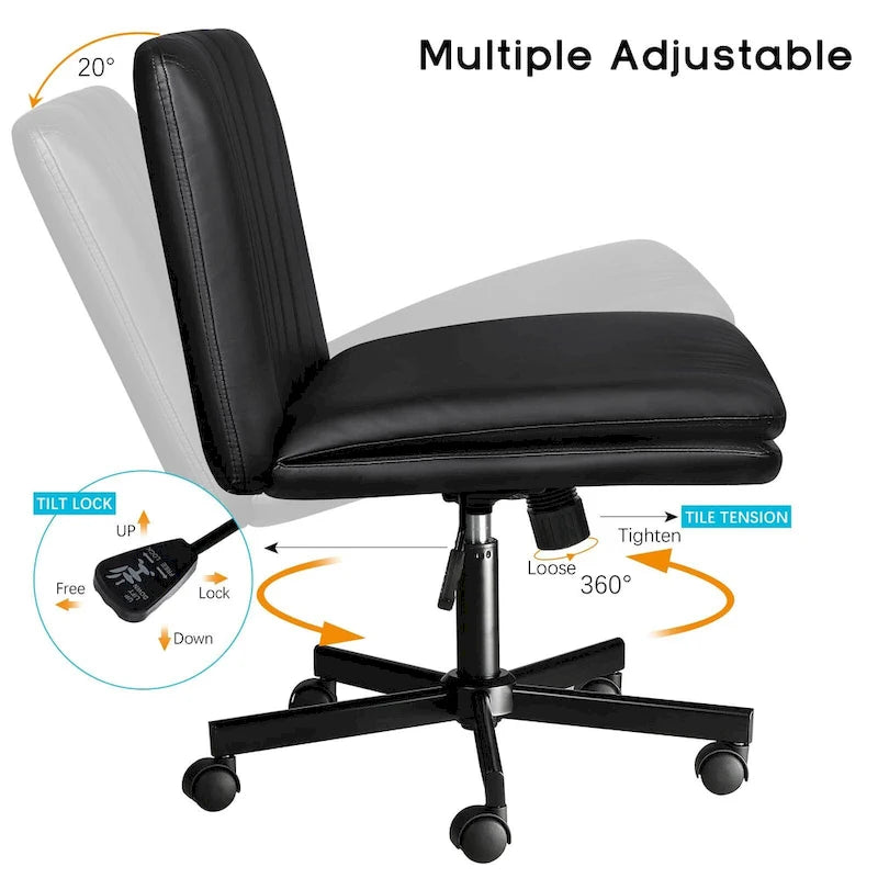 Bossin Criss Cross Chair with Wheels,PU Leather Armless Cross Legged Office chair, Adjustable Wide Seat Task Vanity Chair
