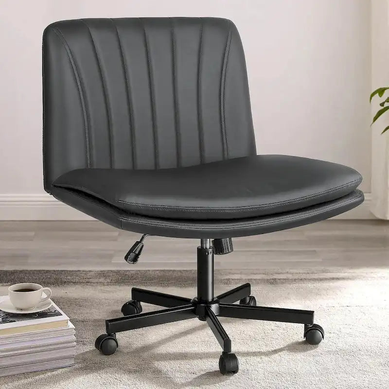 Bossin Criss Cross Chair with Wheels,PU Leather Armless Cross Legged Office chair, Adjustable Wide Seat Task Vanity Chair