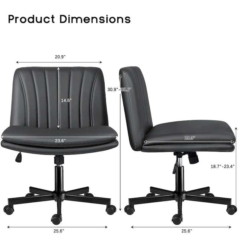 Bossin Criss Cross Chair with Wheels,PU Leather Armless Cross Legged Office chair, Adjustable Wide Seat Task Vanity Chair