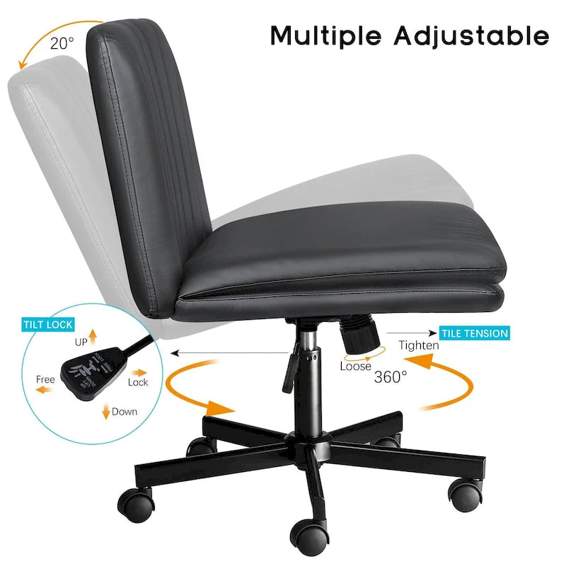Bossin Criss Cross Chair with Wheels,PU Leather Armless Cross Legged Office chair, Adjustable Wide Seat Task Vanity Chair