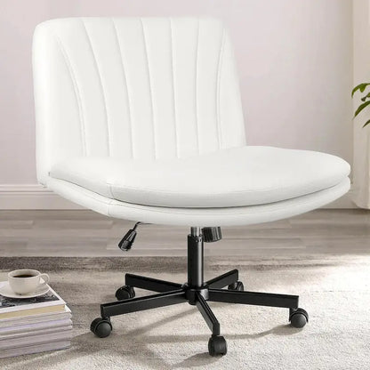 Bossin Criss Cross Chair with Wheels,PU Leather Armless Cross Legged Office chair, Adjustable Wide Seat Task Vanity Chair
