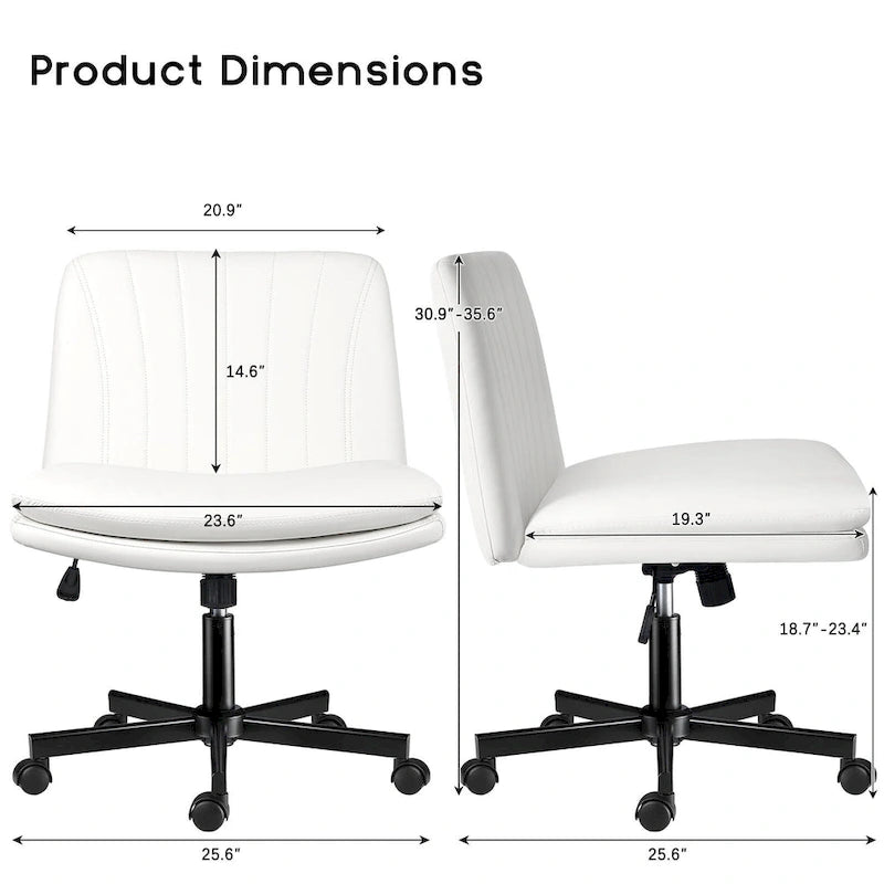 Bossin Criss Cross Chair with Wheels,PU Leather Armless Cross Legged Office chair, Adjustable Wide Seat Task Vanity Chair