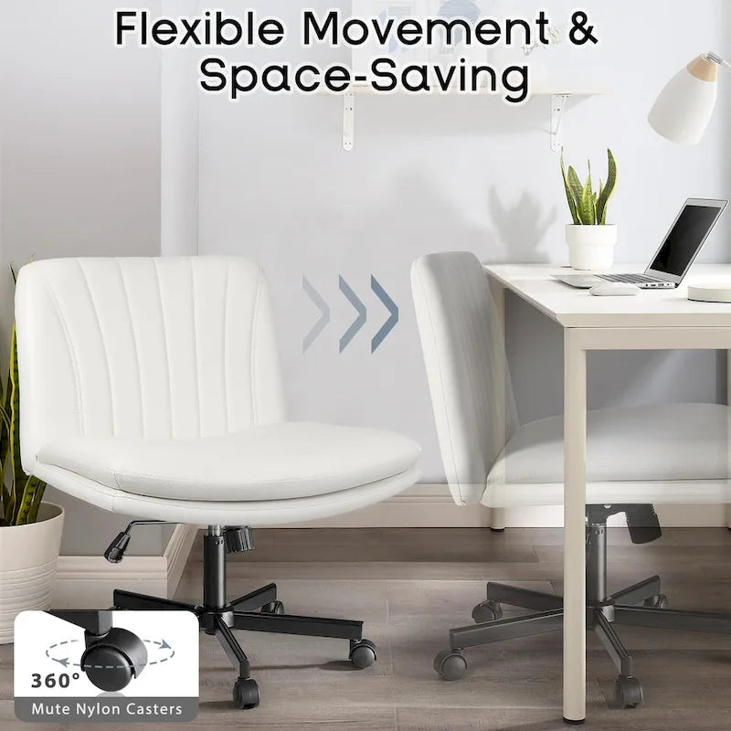 Bossin Criss Cross Chair with Wheels,PU Leather Armless Cross Legged Office chair, Adjustable Wide Seat Task Vanity Chair